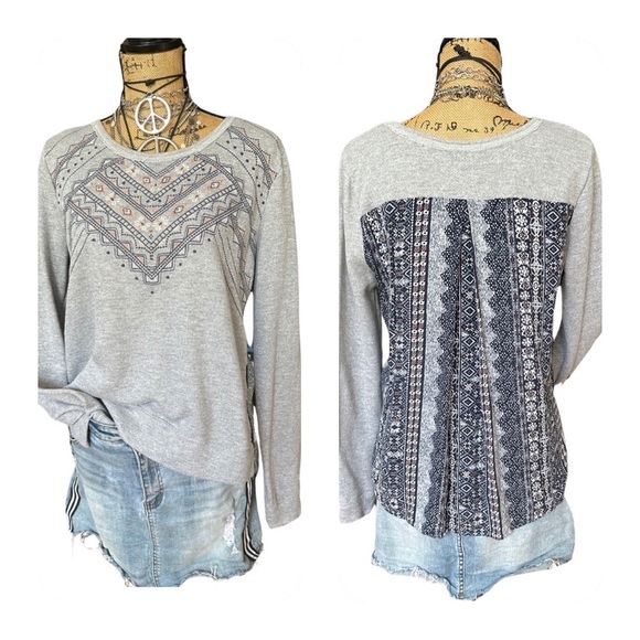 MISS ME  Sweater  Top  long sleeves  mixed fabrics  floral - SIZE LARGE - Picture 3 of 12